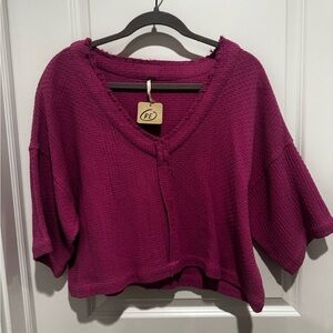 Free People Cropped Waffle Knit V-Neck Top - Deep Berry